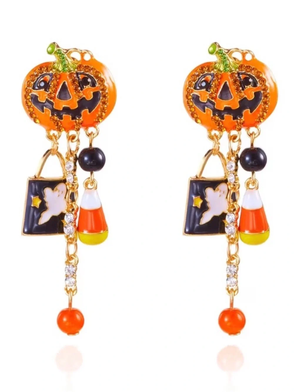 Halloween Jack O Lantern Earrings Pumpkin Ghost Candy Corn Rhinestone Dangle